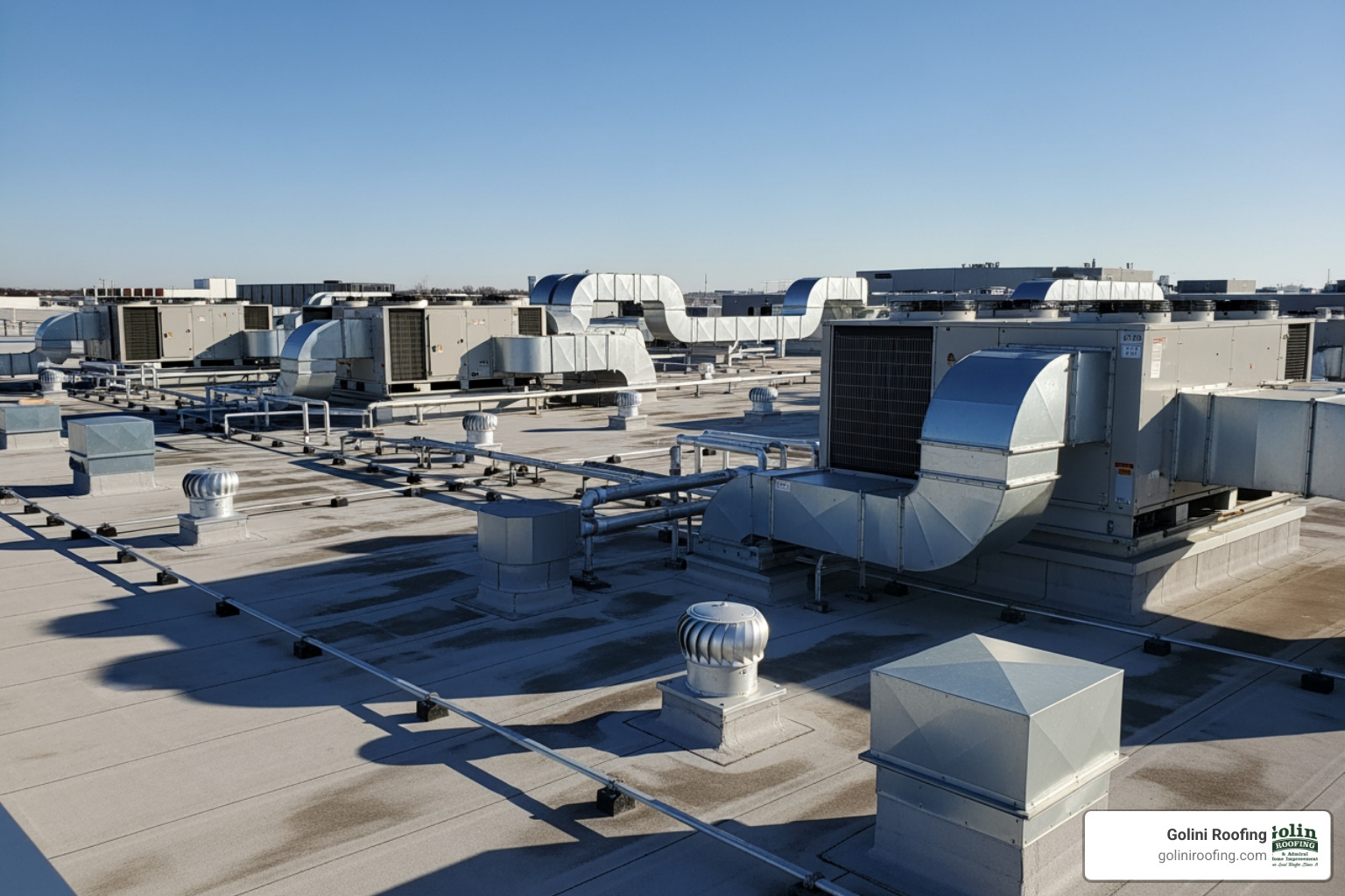 a large, flat commercial roof with HVAC units and vents visible - commercial and residential roofing a large, flat commercial roof with HVAC units and vents visible - commercial and residential roofing