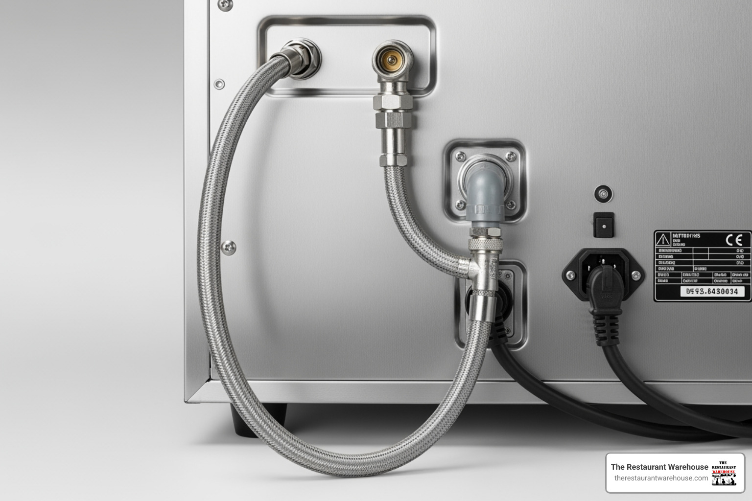 Back of a combi steam oven, highlighting water and electrical connections - Combi steam oven