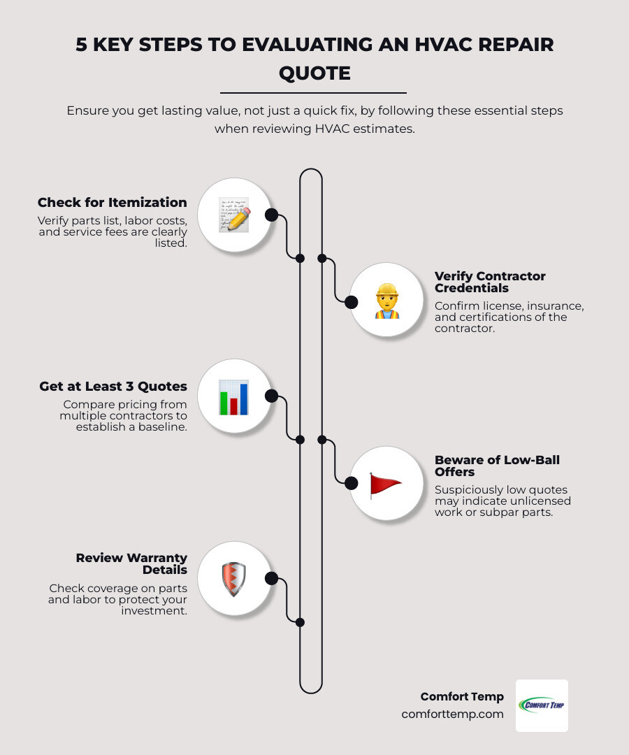 Infographic showing the 5 key steps to evaluating an HVAC repair quote: Step 1 - Check for Itemization (verify parts list, labor costs, and service fees are clearly listed); Step 2 - Verify Contractor Credentials (confirm license, insurance, and certifications); Step 3 - Get at Least 3 Quotes (compare pricing from multiple contractors to establish a baseline); Step 4 - Beware of Low-Ball Offers (suspiciously low quotes may indicate unlicensed work or subpar parts); Step 5 - Review Warranty Details (check coverage on parts and labor to protect your investment) - HVAC repair quotes infographic infographic-line-5-steps-elegant_beige Infographic showing the 5 key steps to evaluating an HVAC repair quote: Step 1 - Check for Itemization (verify parts list, labor costs, and service fees are clearly listed); Step 2 - Verify Contractor Credentials (confirm license, insurance, and certifications); Step 3 - Get at Least 3 Quotes (compare pricing from multiple contractors to establish a baseline); Step 4 - Beware of Low-Ball Offers (suspiciously low quotes may indicate unlicensed work or subpar parts); Step 5 - Review Warranty Details (check coverage on parts and labor to protect your investment) - HVAC repair quotes infographic infographic-line-5-steps-elegant_beige