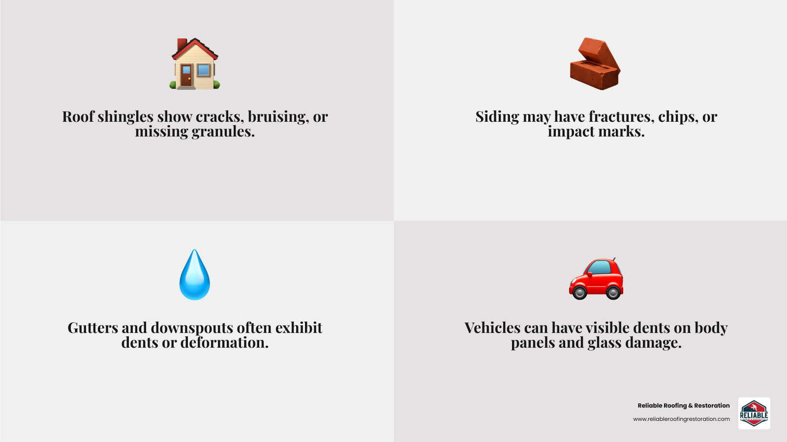 infographic showing common signs of hail damage on roofs, siding, gutters, and vehicles in Tomball, including dented metal surfaces, cracked or missing shingles, granule loss in gutters, and impact marks on asphalt shingles - hail damage repair tomball infographic 4_facts_emoji_grey infographic showing common signs of hail damage on roofs, siding, gutters, and vehicles in Tomball, including dented metal surfaces, cracked or missing shingles, granule loss in gutters, and impact marks on asphalt shingles - hail damage repair tomball infographic 4_facts_emoji_grey