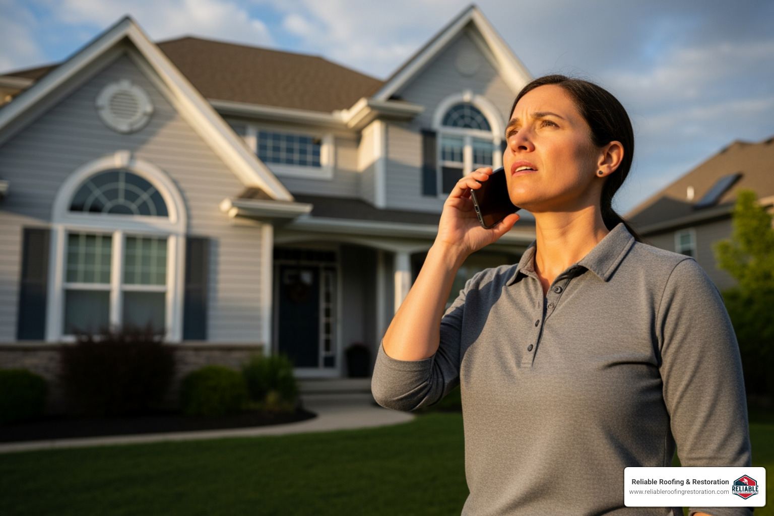 homeowner on the phone, looking at their roof - hail damage repair tomball homeowner on the phone, looking at their roof - hail damage repair tomball