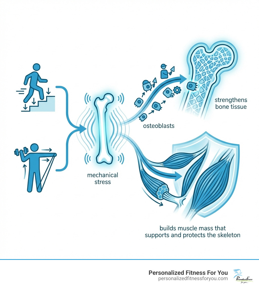 infographic showing how weight-bearing exercise and resistance training create mechanical stress that signals bone-building cells called osteoblasts to strengthen bone tissue, while also building muscle mass that supports and protects the skeleton - bone loss exercise infographic infographic showing how weight-bearing exercise and resistance training create mechanical stress that signals bone-building cells called osteoblasts to strengthen bone tissue, while also building muscle mass that supports and protects the skeleton - bone loss exercise infographic