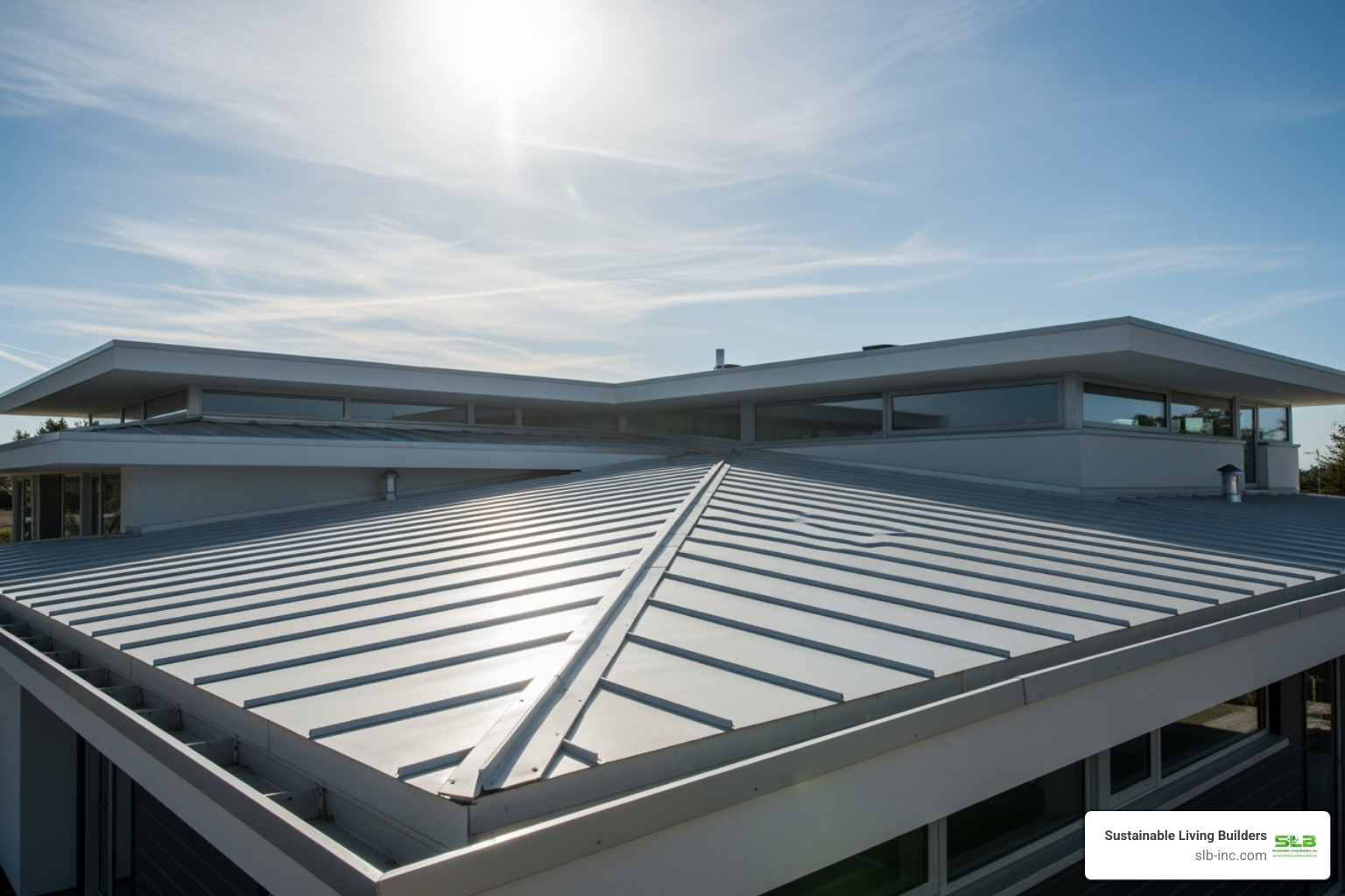 Infographic showing the benefits of sustainable flat roofs including energy savings of 15-25%, temperature reduction of 30-50 degrees, lifespans of 20-30+ years, Title 24 compliance, reduced carbon footprint, and increased property value - 