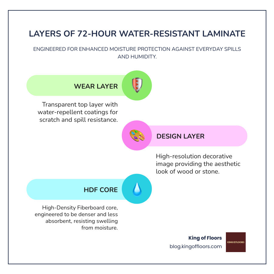 infographic showing the layers of 72-hour water-resistant laminate flooring with labels for wear layer, design layer, high-density core, sealed edges, and water-repellent coating - 72 hour water resistant laminate infographic infographic-line-3-steps-colors
