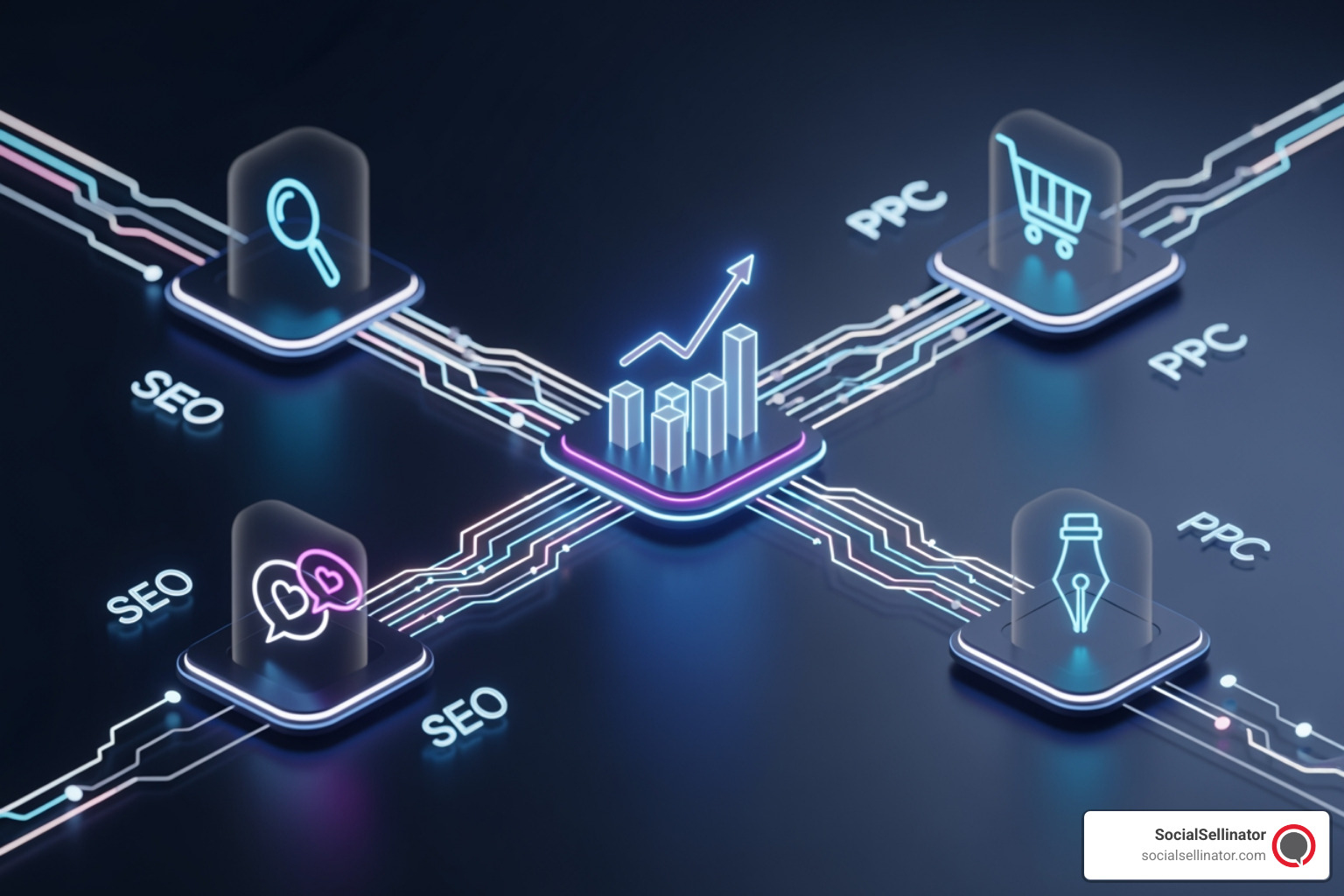 A professional image showing a cohesive digital marketing strategy encompassing SEO, PPC, social media marketing, and content creation, all working together to drive business growth. - local marketing agencies near me