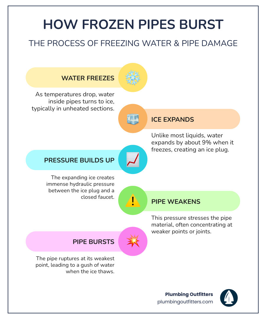 infographic showing cross-section of a frozen pipe with ice expansion, pressure buildup points, and common burst locations in residential plumbing systems - same day frozen pipe repair austin tx infographic infographic-line-5-steps-colors infographic showing cross-section of a frozen pipe with ice expansion, pressure buildup points, and common burst locations in residential plumbing systems - same day frozen pipe repair austin tx infographic infographic-line-5-steps-colors