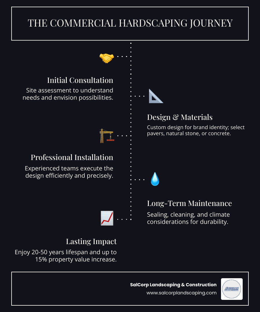 Infographic showing the complete commercial hardscaping journey: from initial consultation and site assessment, through material selection including pavers natural stone and concrete, to design customization for brand identity, installation by experienced teams, and long-term maintenance considerations including sealing cleaning and Massachusetts climate factors like freeze-thaw cycles, with average project lifespans of 20-50 years and property value increases up to 15 percent - commercial hardscaping near me infographic infographic-line-5-steps-dark