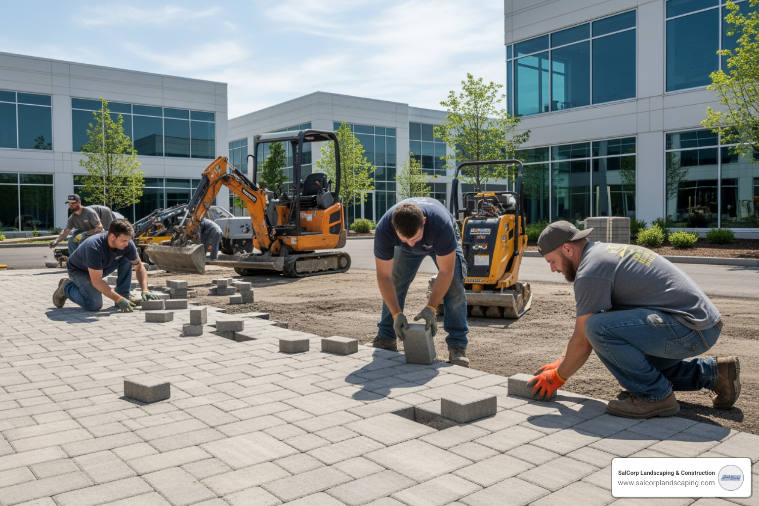A team of hardscaping professionals from SalCorp Landscaping & Construction working diligently on a commercial project, installing pavers for a large outdoor patio area in a Massachusetts business park, with specialized machinery visible in the background - commercial hardscaping near me