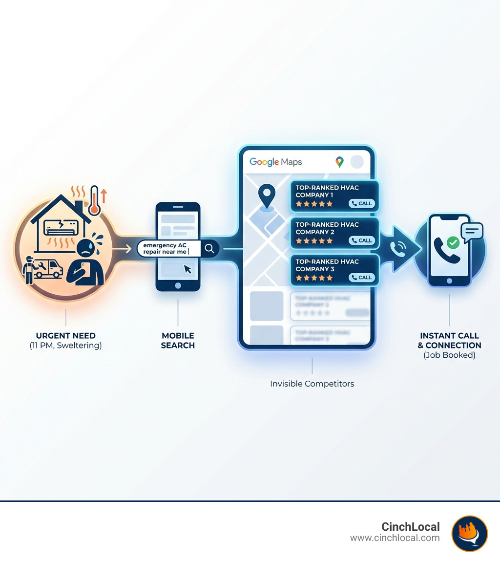 Infographic showing the customer journey from searching AC repair near me to calling a top-ranked local HVAC company - hvac local seo marketing infographic Infographic showing the customer journey from searching AC repair near me to calling a top-ranked local HVAC company - hvac local seo marketing infographic