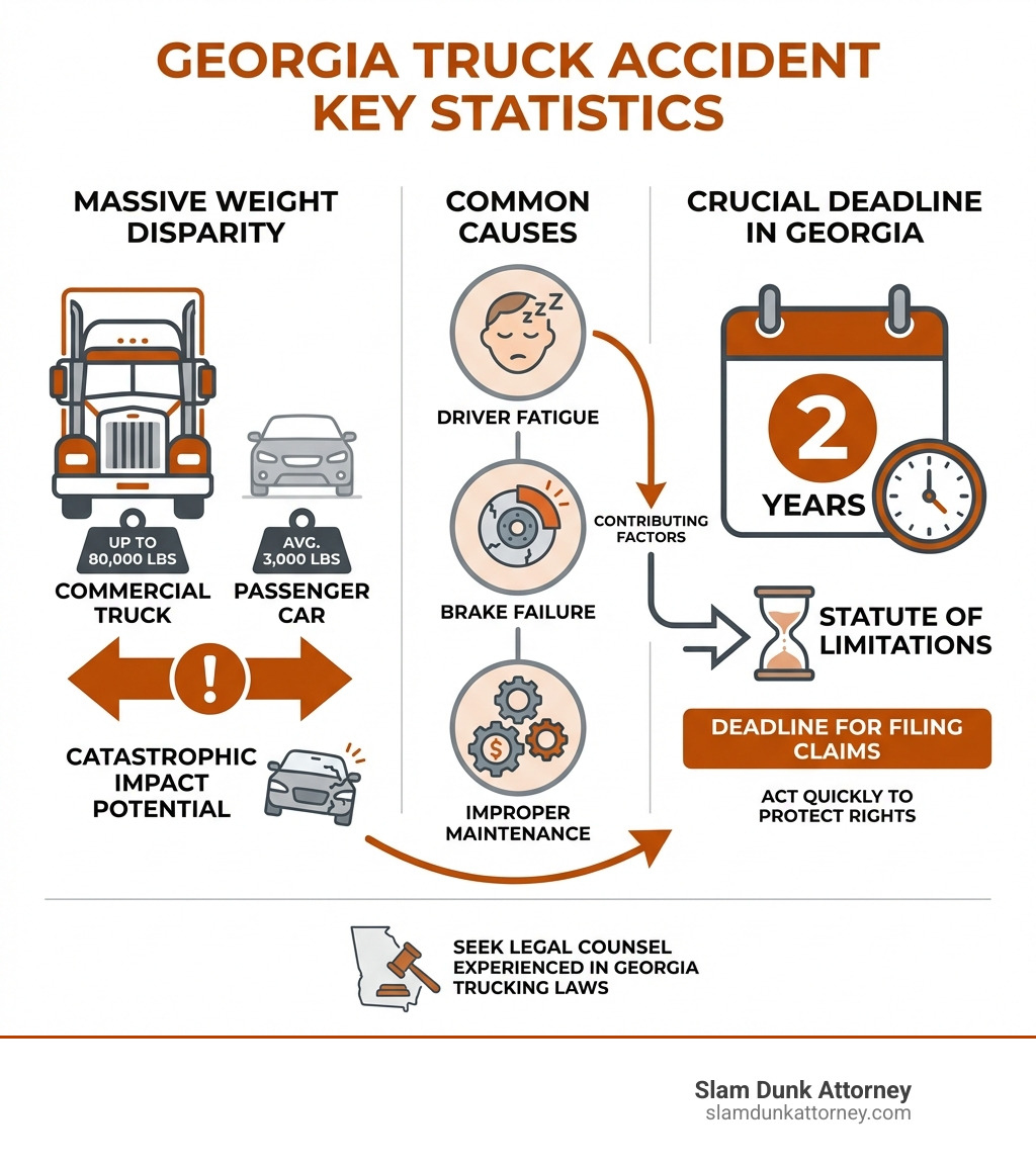 Infographic explaining key statistics about truck accidents in Georgia, including the significant weight differences between trucks and cars, common causes like driver fatigue and brake failure, and crucial deadlines such as Georgia's two-year statute of limitations for filing claims. - semi truck accident lawyer atlanta infographic Infographic explaining key statistics about truck accidents in Georgia, including the significant weight differences between trucks and cars, common causes like driver fatigue and brake failure, and crucial deadlines such as Georgia's two-year statute of limitations for filing claims. - semi truck accident lawyer atlanta infographic