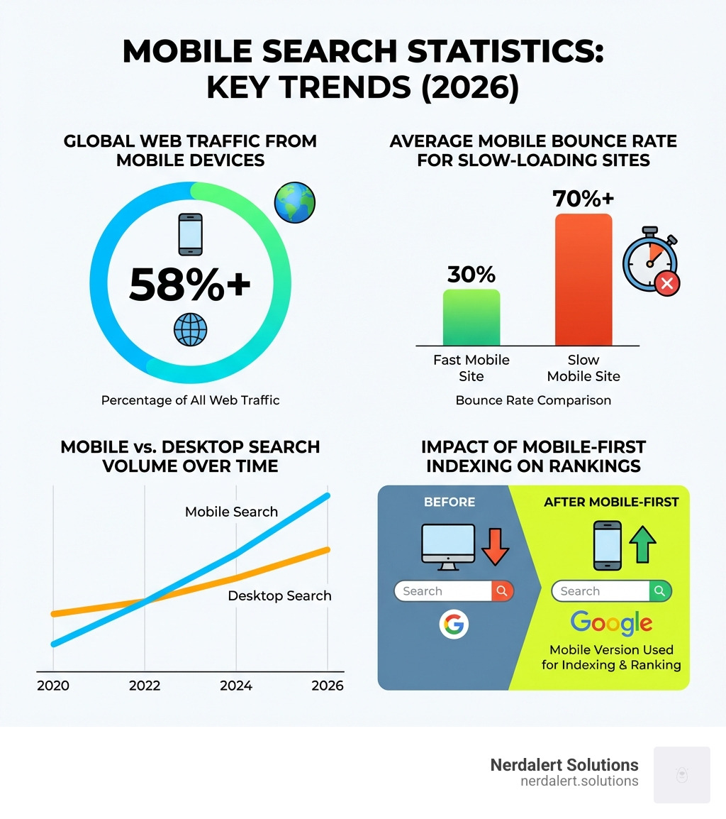 infographic showing mobile search statistics: percentage of global web traffic from mobile devices, comparison of mobile vs desktop search volume over time, average mobile bounce rate for slow-loading sites, and the impact of mobile-first indexing on rankings - mobile seo services in san diego infographic 