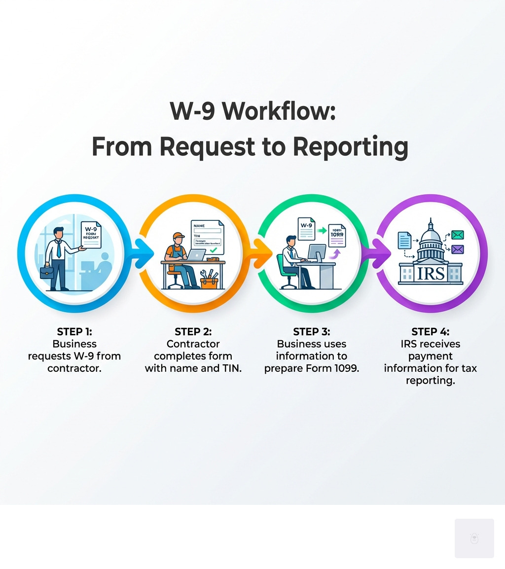 Infographic showing the W-9 workflow: Step 1 - Business requests W-9 from contractor, Step 2 - Contractor completes form with name and TIN, Step 3 - Business uses information to prepare Form 1099, Step 4 - IRS receives payment information for tax reporting - w9 2025 pdf download infographic Infographic showing the W-9 workflow: Step 1 - Business requests W-9 from contractor, Step 2 - Contractor completes form with name and TIN, Step 3 - Business uses information to prepare Form 1099, Step 4 - IRS receives payment information for tax reporting - w9 2025 pdf download infographic