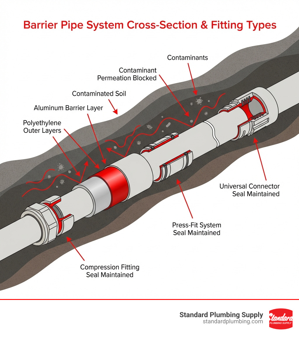 Infographic showing a cross-section of a barrier pipe system in contaminated soil, with labels pointing to the aluminum barrier layer preventing contaminant permeation, polyethylene outer layers, and various fitting types (compression, press-fit, universal connector) maintaining the protective seal at connection points - barrier pipe fittings infographic Infographic showing a cross-section of a barrier pipe system in contaminated soil, with labels pointing to the aluminum barrier layer preventing contaminant permeation, polyethylene outer layers, and various fitting types (compression, press-fit, universal connector) maintaining the protective seal at connection points - barrier pipe fittings infographic
