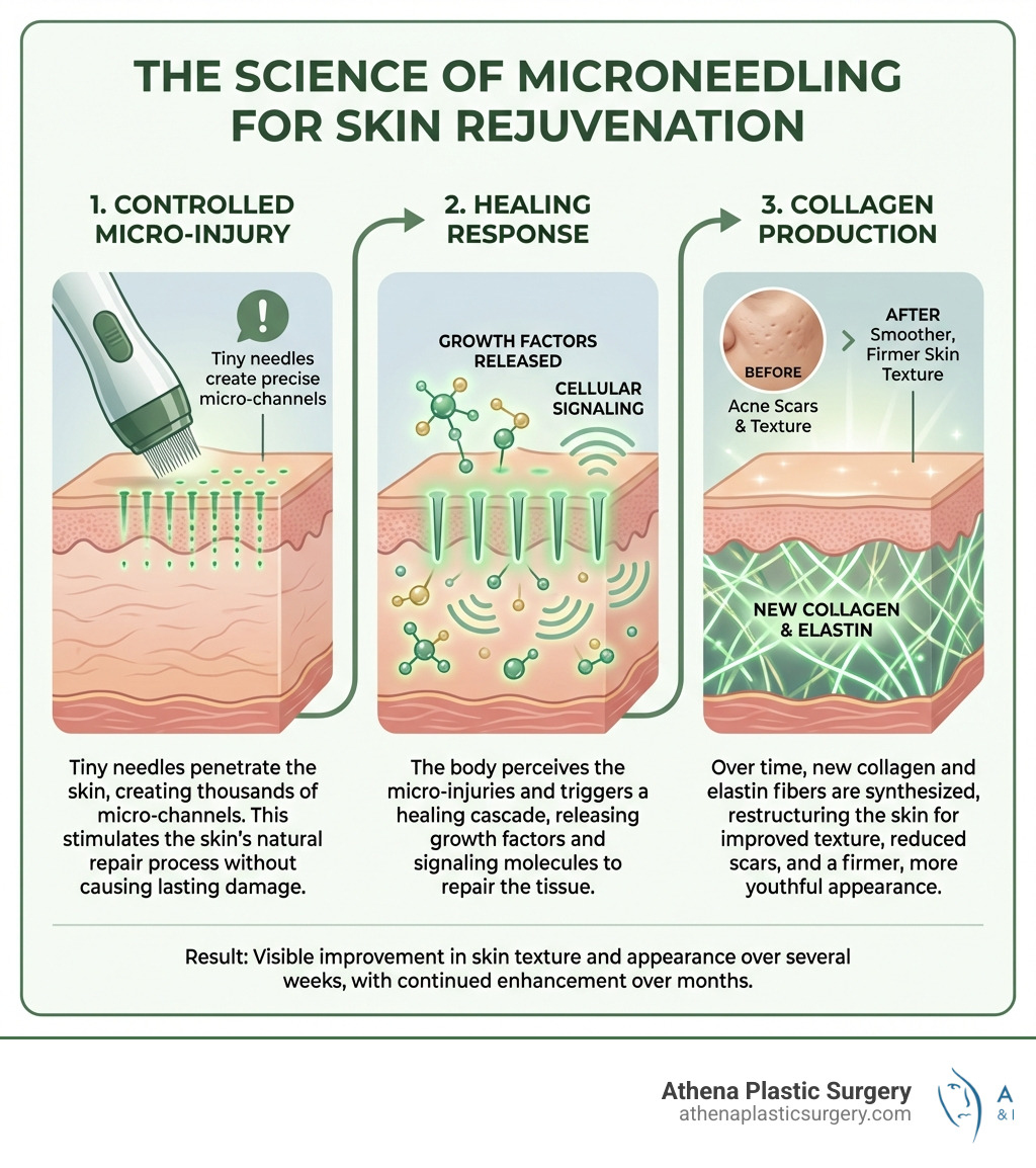 infographic showing the three stages of microneedling: controlled micro-injury with tiny needles penetrating the skin, the healing response with growth factors being released, and collagen production resulting in smoother, firmer skin texture - Microneedling for acne infographic infographic showing the three stages of microneedling: controlled micro-injury with tiny needles penetrating the skin, the healing response with growth factors being released, and collagen production resulting in smoother, firmer skin texture - Microneedling for acne infographic