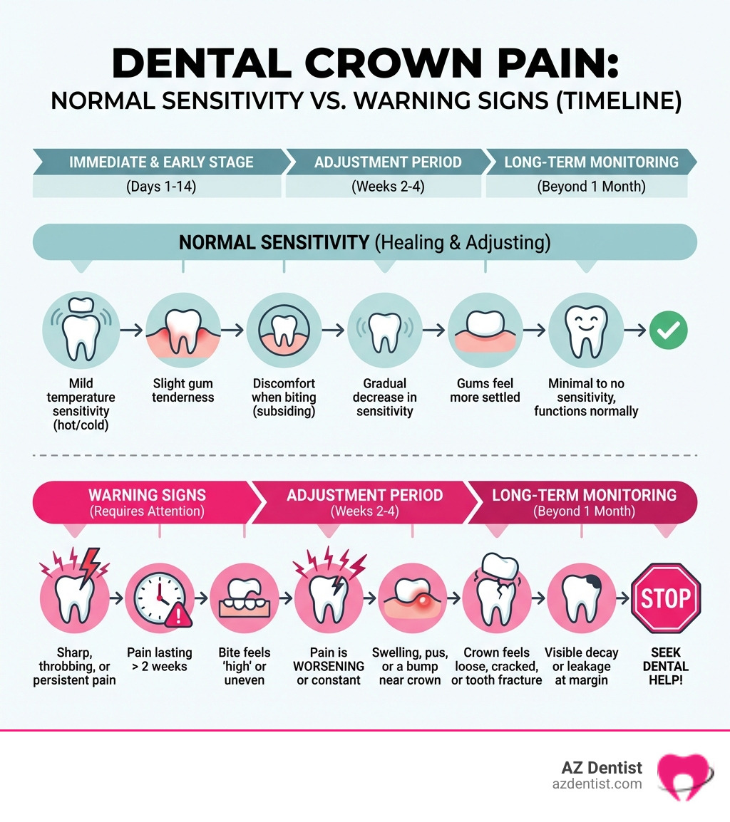 infographic showing normal sensitivity versus warning signs of dental crown problems with timeline - dental crown pain infographic 