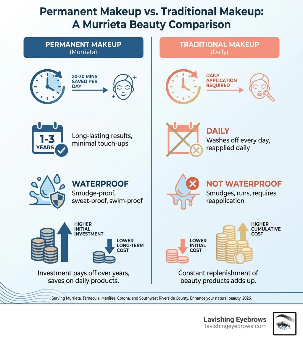 infographic showing permanent makeup vs traditional makeup comparison including time saved per day, longevity of results, waterproof properties, and cost over time - Permanent makeup Murrieta infographic infographic showing permanent makeup vs traditional makeup comparison including time saved per day, longevity of results, waterproof properties, and cost over time - Permanent makeup Murrieta infographic