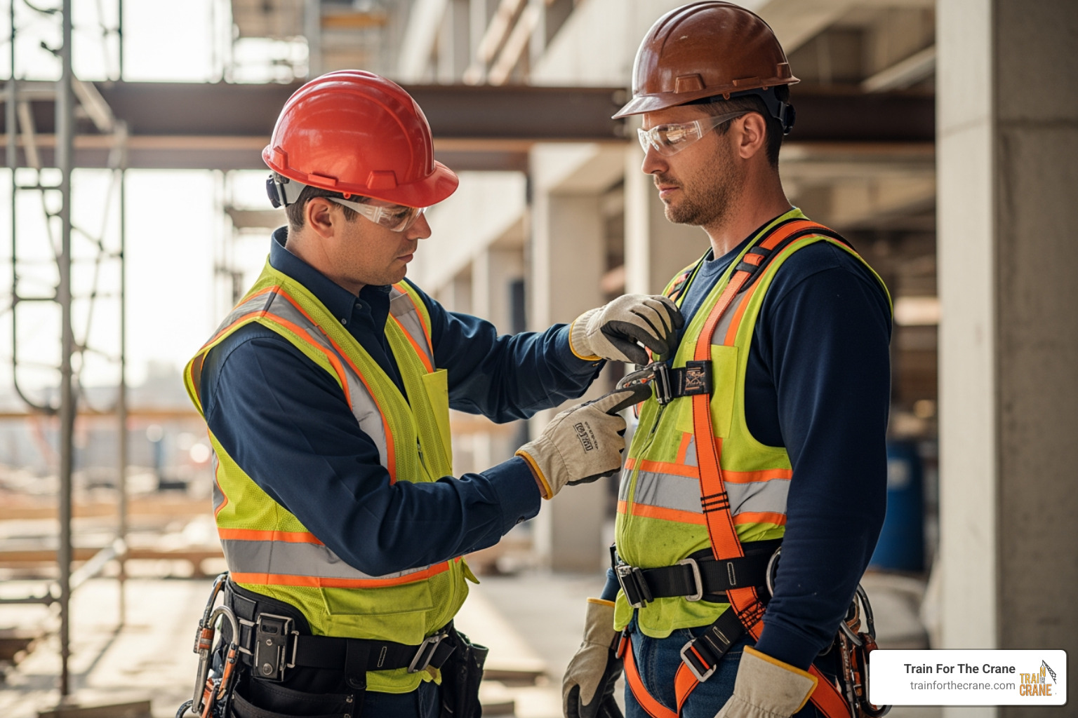 A worker in a full-body harness being inspected by a safety professional - fall rescue training A worker in a full-body harness being inspected by a safety professional - fall rescue training