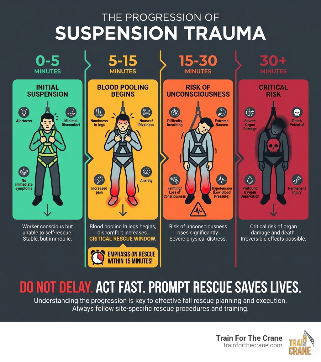 Infographic showing the progression of suspension trauma: 0-5 minutes - initial suspension, worker conscious but unable to self-rescue; 5-15 minutes - blood pooling in legs begins, discomfort increases; 15-30 minutes - risk of unconsciousness rises significantly; 30+ minutes - critical risk of organ damage and death. Emphasizes the importance of rescue within 15 minutes and highlights symptoms at each stage including numbness, nausea, difficulty breathing, and loss of consciousness. - fall rescue training infographic Infographic showing the progression of suspension trauma: 0-5 minutes - initial suspension, worker conscious but unable to self-rescue; 5-15 minutes - blood pooling in legs begins, discomfort increases; 15-30 minutes - risk of unconsciousness rises significantly; 30+ minutes - critical risk of organ damage and death. Emphasizes the importance of rescue within 15 minutes and highlights symptoms at each stage including numbness, nausea, difficulty breathing, and loss of consciousness. - fall rescue training infographic
