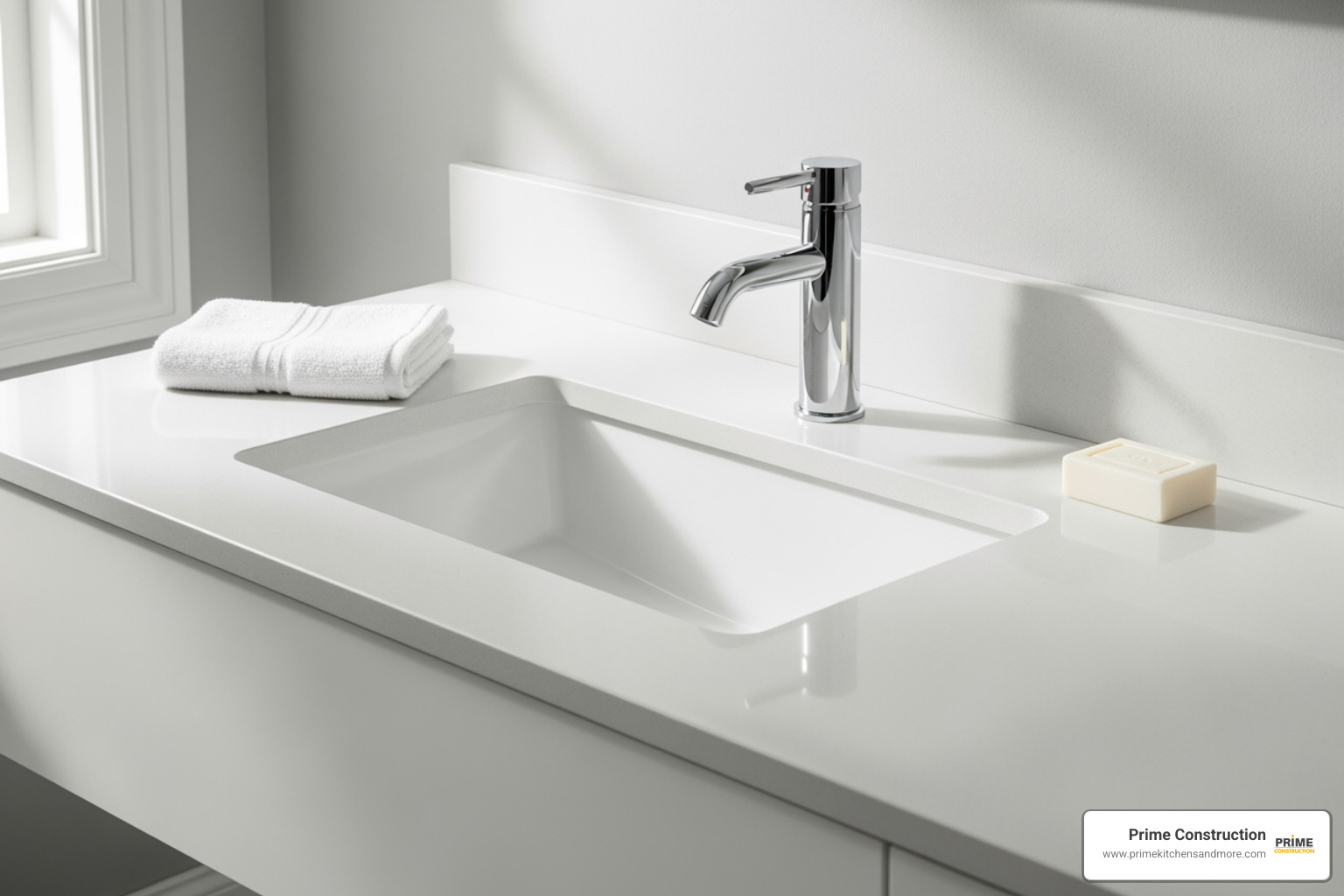 A sleek quartz bathroom countertop with an integrated sink - Bathroom countertops Orlando
