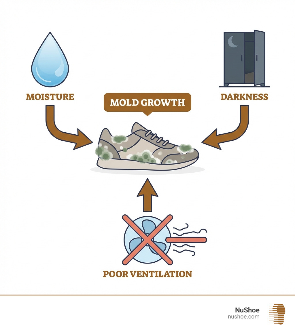 Infographic showing the three main causes of mold on shoes: a water droplet representing moisture, a dark closet representing darkness, and blocked airflow representing poor ventilation, with arrows pointing to a moldy shoe in the center - how to get rid of mold on shoes infographic Infographic showing the three main causes of mold on shoes: a water droplet representing moisture, a dark closet representing darkness, and blocked airflow representing poor ventilation, with arrows pointing to a moldy shoe in the center - how to get rid of mold on shoes infographic