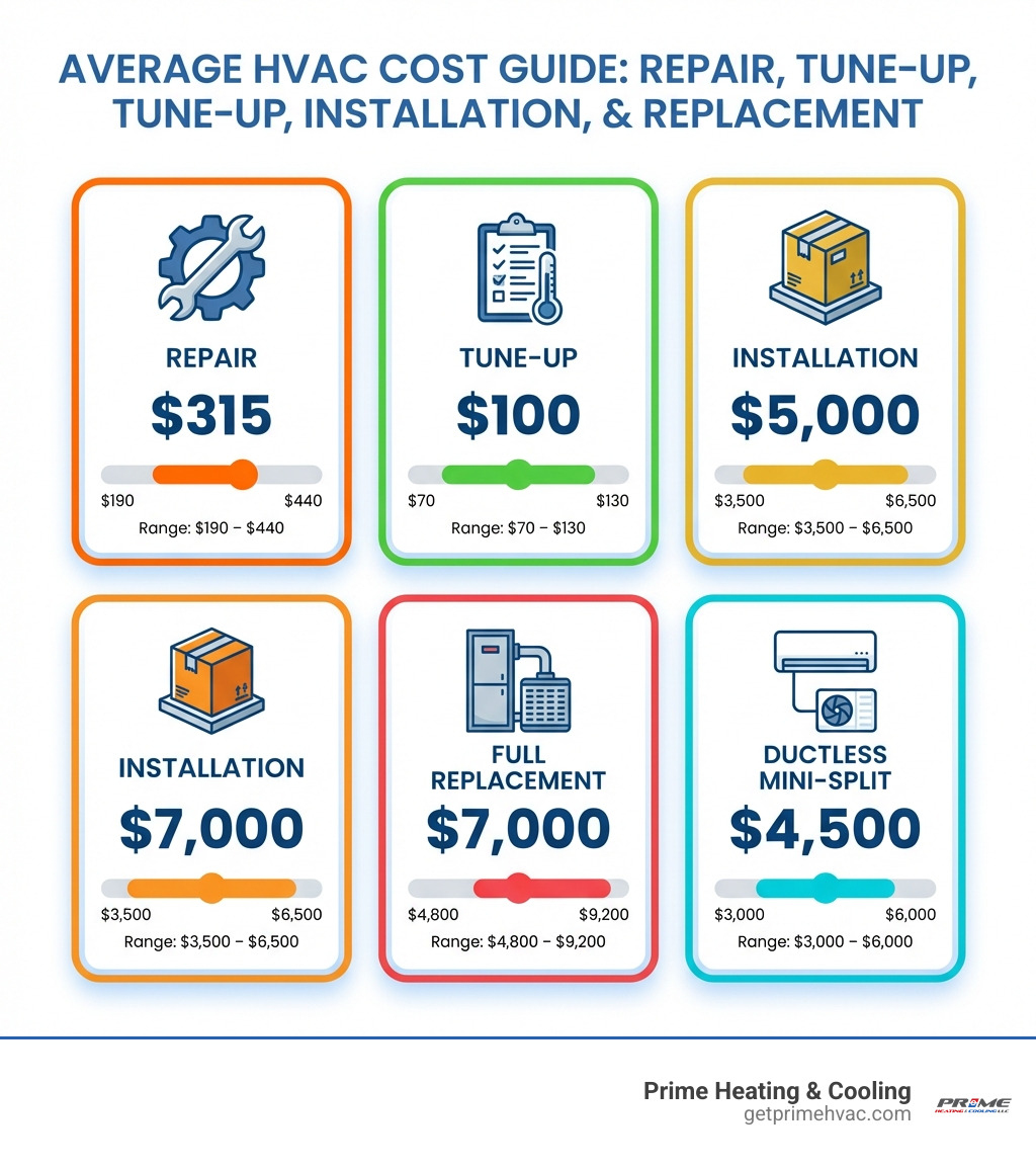 Infographic showing average HVAC costs: Repair $315 (range $190-$440), Tune-up $100 (range $70-$130), Installation $5,000 (range $3,500-$6,500), Full Replacement $7,000 (range $4,800-$9,200), and Ductless Mini-Split $4,500 (range $3,000-$6,000) - affordable hvac companies near me infographic 
