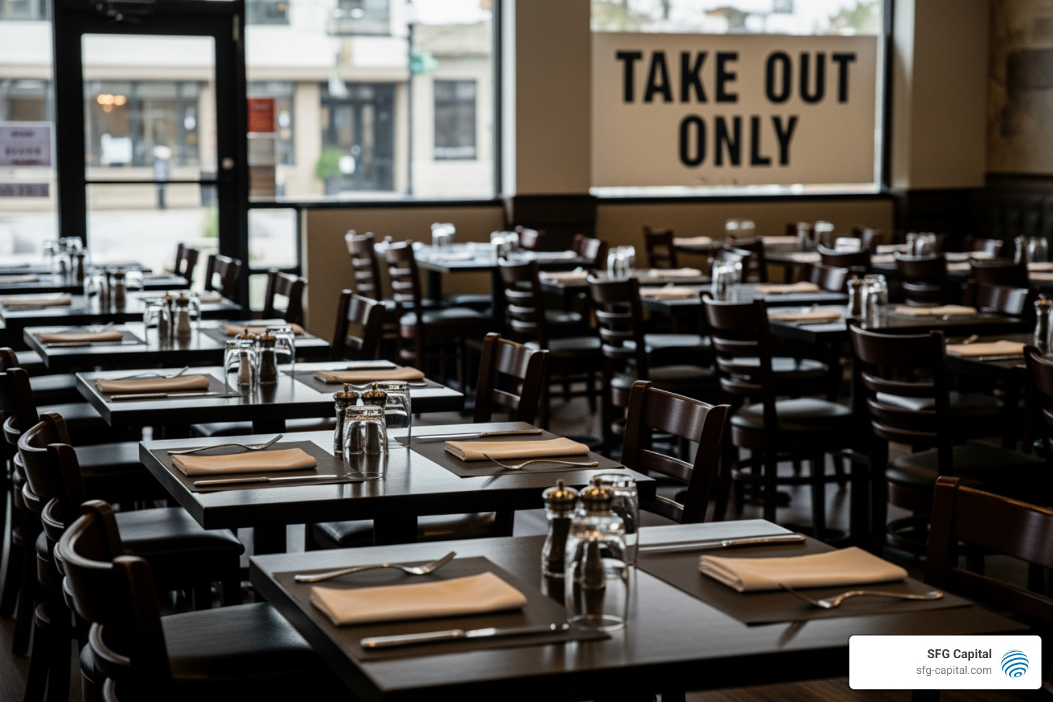 A restaurant with a "Takeout Only" sign and empty indoor dining area, illustrating a partially suspended business scenario - erc qualifications