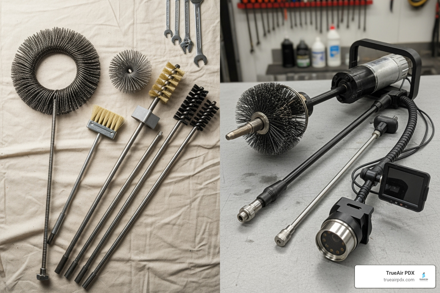 image of basic DIY chimney brushes next to professional-grade rotary cleaning tools and inspection cameras - chimney cleaning cost image of basic DIY chimney brushes next to professional-grade rotary cleaning tools and inspection cameras - chimney cleaning cost