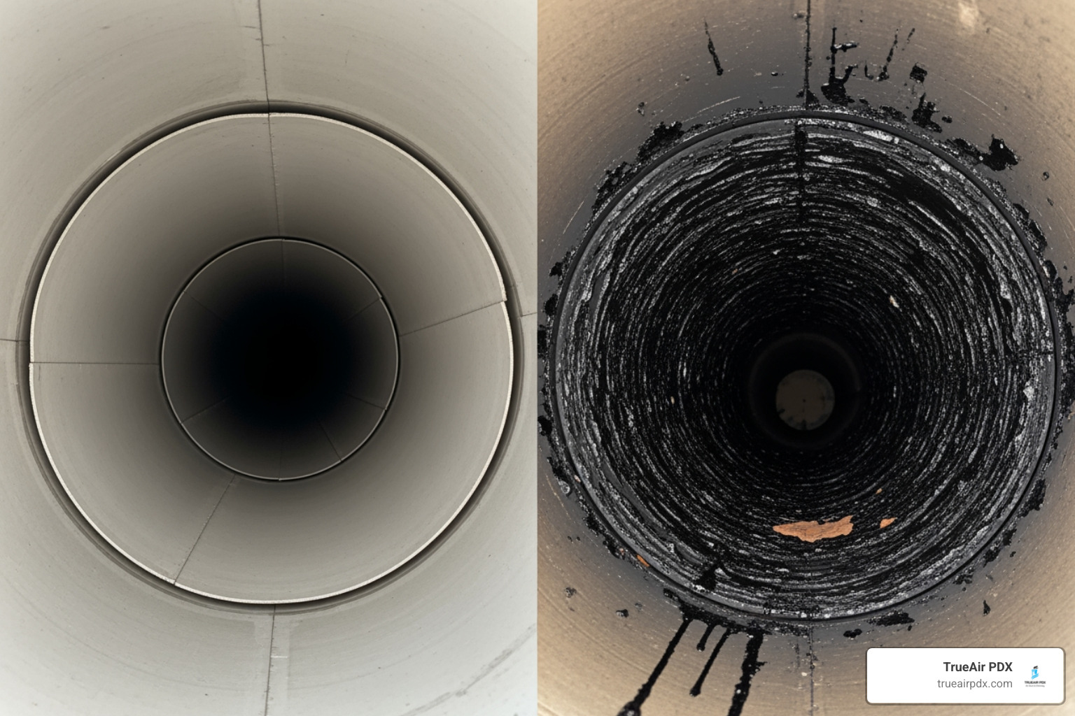 image of a clean chimney flue on one side and a chimney flue with heavy creosote buildup on the other side, clearly showing the difference - chimney cleaning cost image of a clean chimney flue on one side and a chimney flue with heavy creosote buildup on the other side, clearly showing the difference - chimney cleaning cost