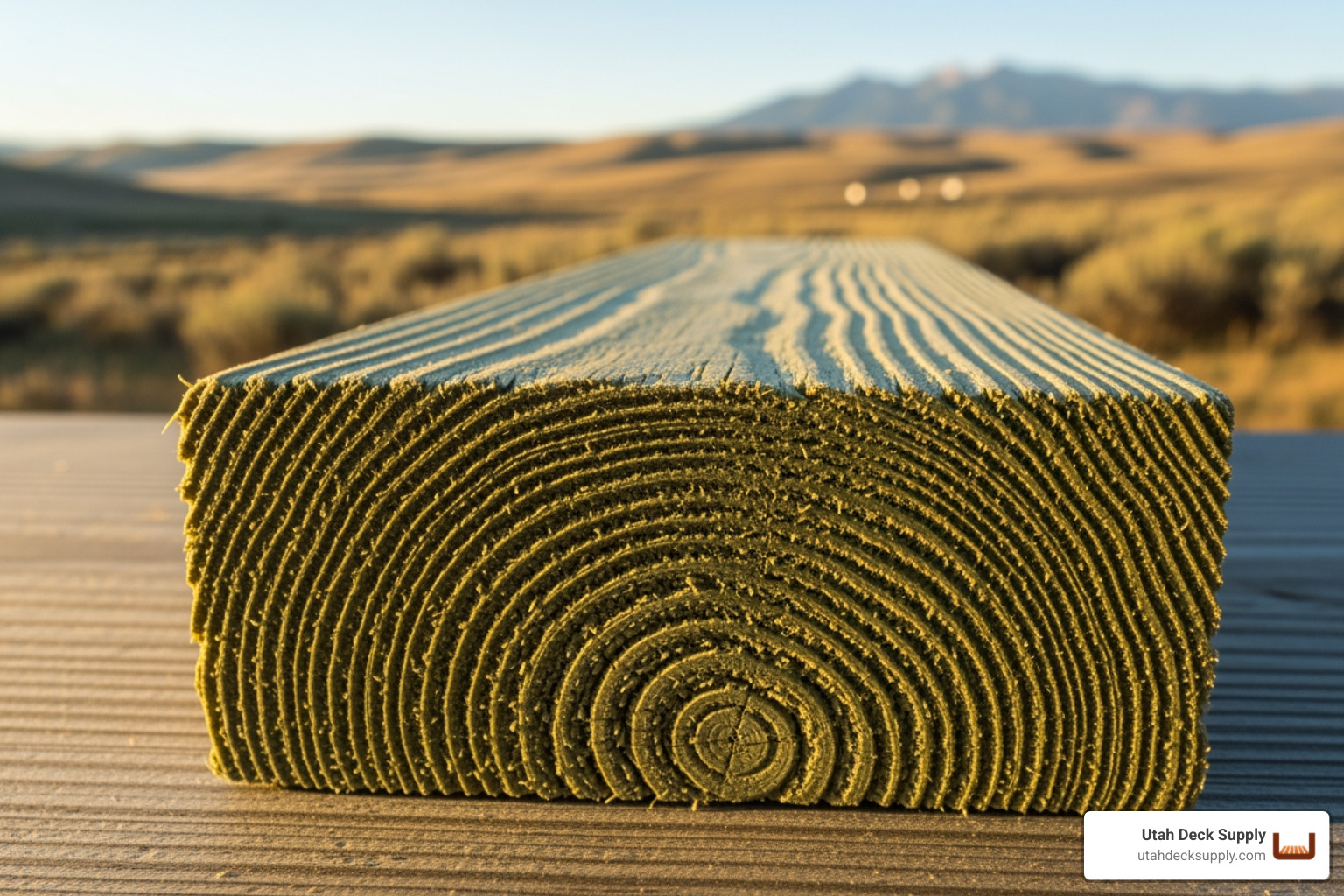 person inspecting end grain of pressure treated deck board, northern Utah, morning light, no people - Pressure treated deck boards