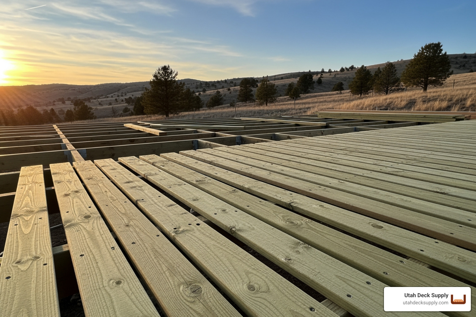 installation of pressure treated deck boards with proper spacing, northern Utah, sunset light, no people - Pressure treated deck boards
