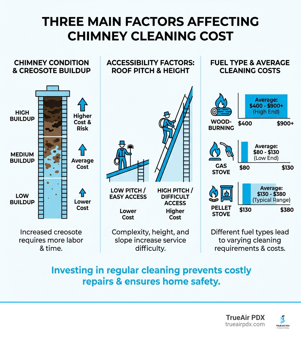 infographic showing three main cost factors: chimney condition with levels of creosote buildup, accessibility factors like roof pitch and height, and fuel type comparing wood-burning vs gas vs pellet stoves with their average costs - chimney cleaning cost infographic infographic showing three main cost factors: chimney condition with levels of creosote buildup, accessibility factors like roof pitch and height, and fuel type comparing wood-burning vs gas vs pellet stoves with their average costs - chimney cleaning cost infographic