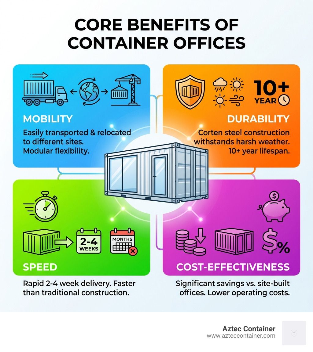 Infographic showing the four core benefits of container offices: Mobility (easily transported and relocated to different sites), Durability (Corten steel construction withstands harsh weather and provides 10+ year lifespan), Speed (2-4 week delivery versus months for traditional construction), and Cost-Effectiveness (significant savings compared to site-built offices with lower operating costs) - cargo container office for sale infographic 