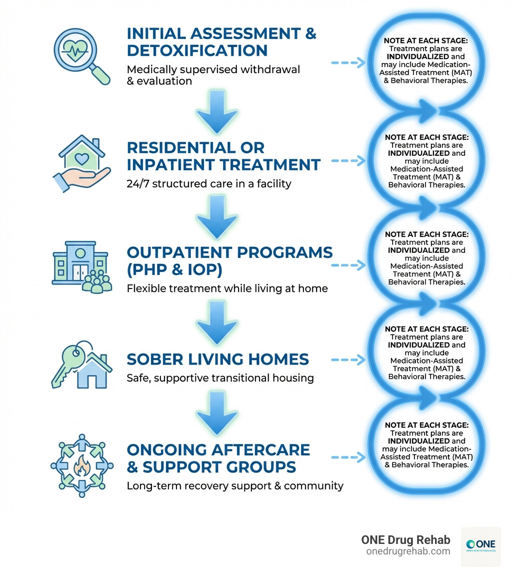 Infographic showing the continuum of care for drug addiction treatment, starting with initial assessment and detoxification at the top, flowing down through residential or inpatient treatment in the middle, then to outpatient programs including PHP and IOP, followed by sober living homes and ongoing aftercare support groups at the bottom, with arrows indicating the pathway and noting that treatment plans are individualized and may include medication-assisted treatment and behavioral therapies at each stage - Drug addiction treatment programs infographic 