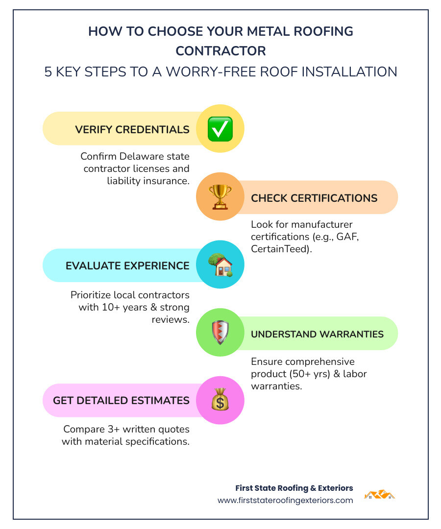 Infographic showing the step-by-step process for selecting qualified metal roofing contractors in Delaware, including verification of credentials, reviewing certifications from manufacturers like GAF and CertainTeed, checking local customer reviews and BBB ratings, comparing warranty terms for both materials and labor, requesting detailed written estimates with material specifications, and confirming experience with Delaware coastal weather conditions and building codes - metal roofing contractors in my area infographic infographic-line-5-steps-colors Infographic showing the step-by-step process for selecting qualified metal roofing contractors in Delaware, including verification of credentials, reviewing certifications from manufacturers like GAF and CertainTeed, checking local customer reviews and BBB ratings, comparing warranty terms for both materials and labor, requesting detailed written estimates with material specifications, and confirming experience with Delaware coastal weather conditions and building codes - metal roofing contractors in my area infographic infographic-line-5-steps-colors