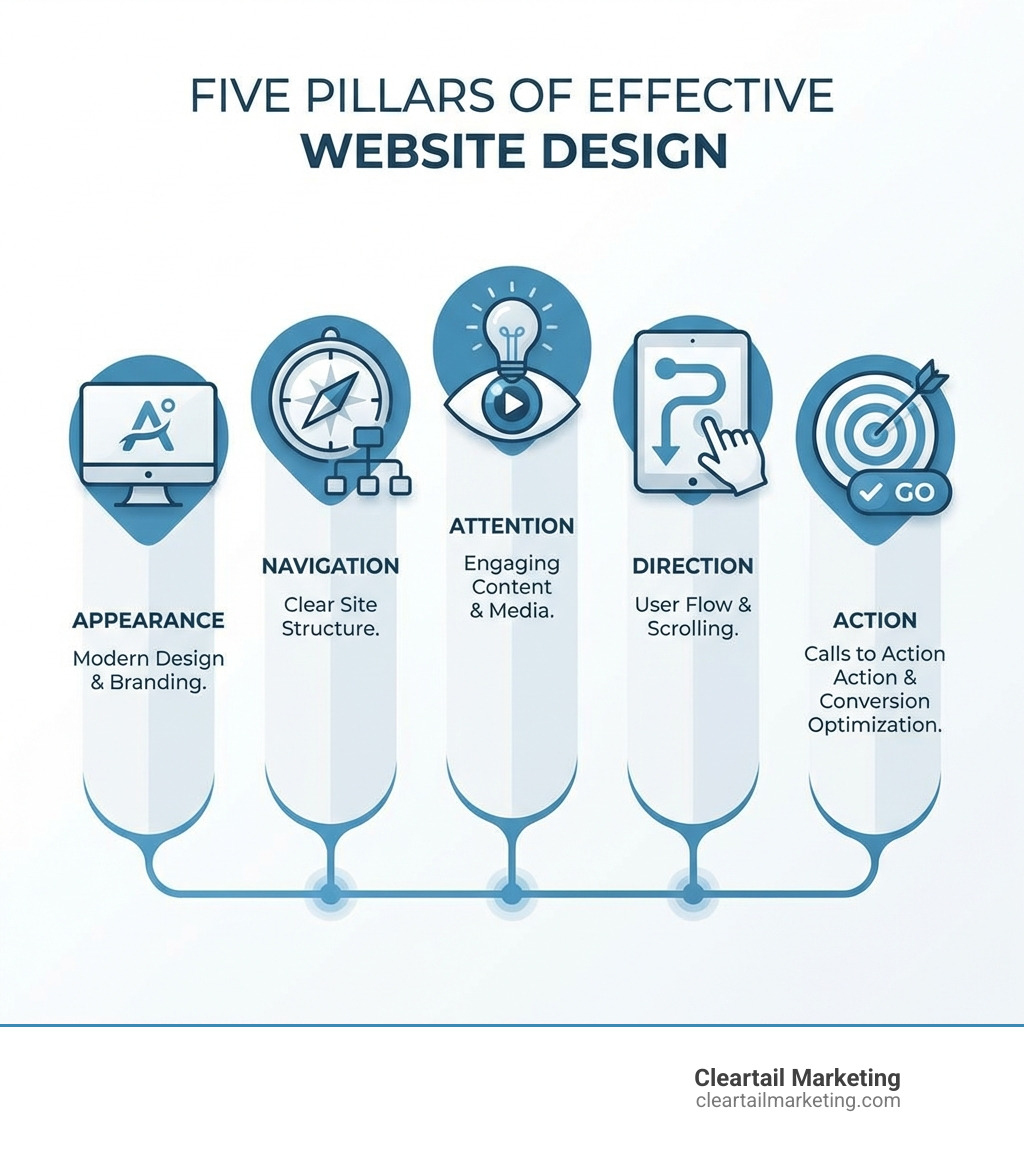 INFOGRAPHIC SHOWING FIVE PILLARS OF EFFECTIVE WEBSITE DESIGN WITH ICONS APPEARANCE MODERN DESIGN AND BRANDING NAVIGATION CLEAR SITE STRUCTURE ATTENTION ENGAGING CONTENT AND MEDIA DIRECTION USER FLOW AND SCROLLING ACTION CALLS TO ACTION AND CONVERSION OPTIMIZATION - WEBSITE DESIGN UNITED STATES INFOGRAPHIC 