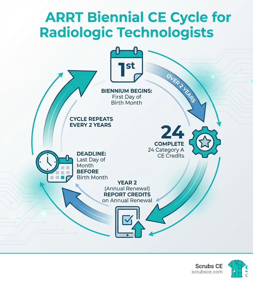 Infographic showing the ARRT biennial CE cycle for radiologic technologists, starting with the first day of birth month beginning the biennium, completing 24 Category A credits over 2 years, reporting credits on annual renewal in the second year, deadline on last day of month before birth month, and cycle repeating every 2 years - rad tech ceu requirements infographic Infographic showing the ARRT biennial CE cycle for radiologic technologists, starting with the first day of birth month beginning the biennium, completing 24 Category A credits over 2 years, reporting credits on annual renewal in the second year, deadline on last day of month before birth month, and cycle repeating every 2 years - rad tech ceu requirements infographic