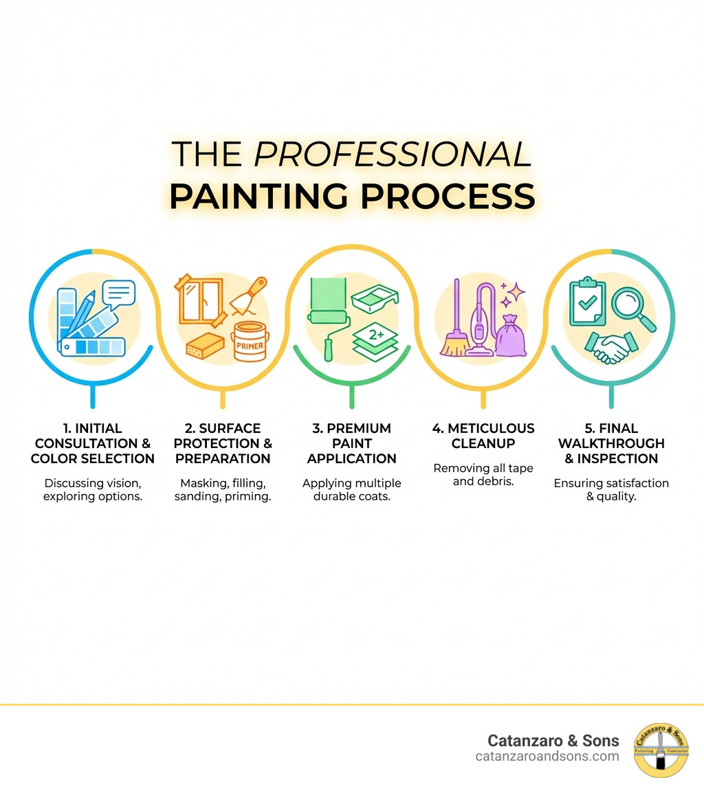 Infographic showing the professional painting process: 1. Initial Consultation & Color Selection, 2. Surface Protection & Preparation (filling holes, sanding, priming), 3. Premium Paint Application (2+ coats), 4. Meticulous Cleanup, 5. Final Walkthrough & Inspection - interior wall painter infographic Infographic showing the professional painting process: 1. Initial Consultation & Color Selection, 2. Surface Protection & Preparation (filling holes, sanding, priming), 3. Premium Paint Application (2+ coats), 4. Meticulous Cleanup, 5. Final Walkthrough & Inspection - interior wall painter infographic