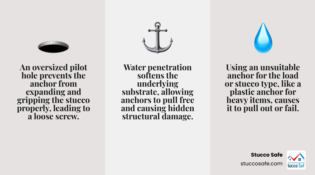 infographic showing three main causes of anchor screw failure in stucco: oversized pilot hole with diagram of screw spinning in too-large hole, wrong anchor type showing plastic anchor in heavy application, and moisture damage with illustration of water penetration causing substrate rot - how to fix loose anchor screws in stucco infographic 3_facts_emoji_grey infographic showing three main causes of anchor screw failure in stucco: oversized pilot hole with diagram of screw spinning in too-large hole, wrong anchor type showing plastic anchor in heavy application, and moisture damage with illustration of water penetration causing substrate rot - how to fix loose anchor screws in stucco infographic 3_facts_emoji_grey