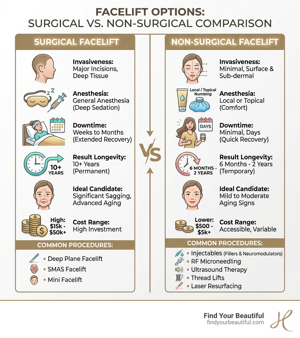 Infographic comparing surgical vs. non-surgical facelift options, showing differences in invasiveness, anesthesia requirements, downtime, result longevity, ideal candidates, cost ranges, and common procedures like injectables, RF microneedling, ultrasound therapy, thread lifts, and laser resurfacing - non surgical facelift infographic 
