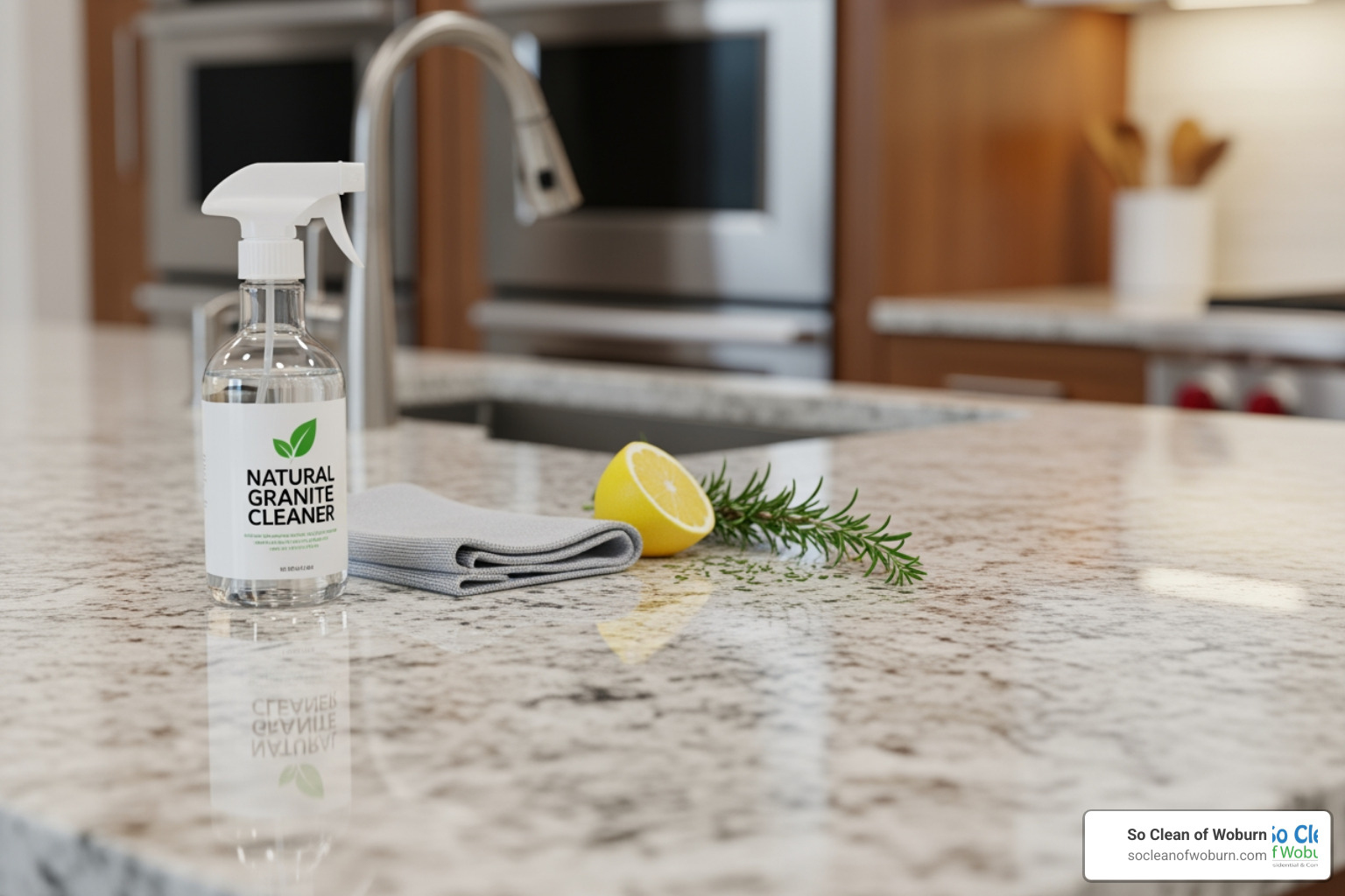 DIY ingredients: a spray bottle, rubbing alcohol, mild dish soap, and an essential oil bottle - best natural granite cleaner