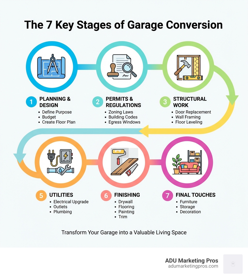 Infographic showing the 7 key stages of a garage conversion: 1) Planning and Design (define purpose, budget, create floor plan), 2) Permits and Regulations (zoning laws, building codes, ceiling height, egress windows), 3) Structural Work (garage door replacement, wall framing, floor leveling), 4) Insulation and HVAC (wall/ceiling insulation, mini-split systems, weatherproofing), 5) Utilities (electrical panel upgrade, outlets, plumbing), 6) Finishing (drywall, flooring, painting, trim), 7) Final Touches (furniture, storage, decoration) - convert a garage to living space infographic Infographic showing the 7 key stages of a garage conversion: 1) Planning and Design (define purpose, budget, create floor plan), 2) Permits and Regulations (zoning laws, building codes, ceiling height, egress windows), 3) Structural Work (garage door replacement, wall framing, floor leveling), 4) Insulation and HVAC (wall/ceiling insulation, mini-split systems, weatherproofing), 5) Utilities (electrical panel upgrade, outlets, plumbing), 6) Finishing (drywall, flooring, painting, trim), 7) Final Touches (furniture, storage, decoration) - convert a garage to living space infographic