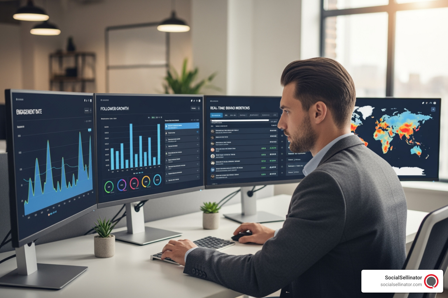 person analyzing charts and graphs on a computer screen showing social media metrics; Engagement rate; follower growth; crisis communication - twitter account manager analytics