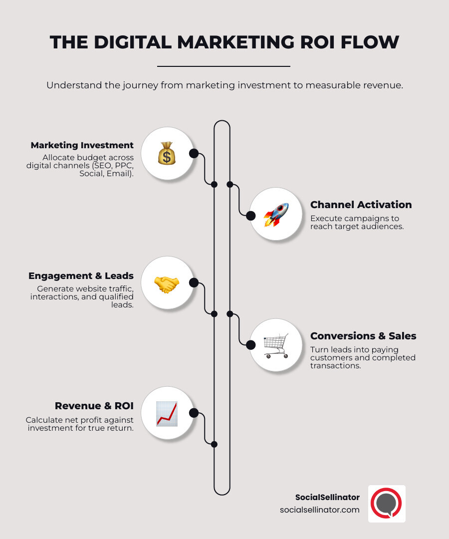 Infographic explaining the flow from marketing investment through various channels (SEO, PPC, social media, email) to leads and conversions, finally connecting to revenue and ROI calculation - Digital marketing ROI tracking infographic infographic-line-5-steps-elegant_beige
