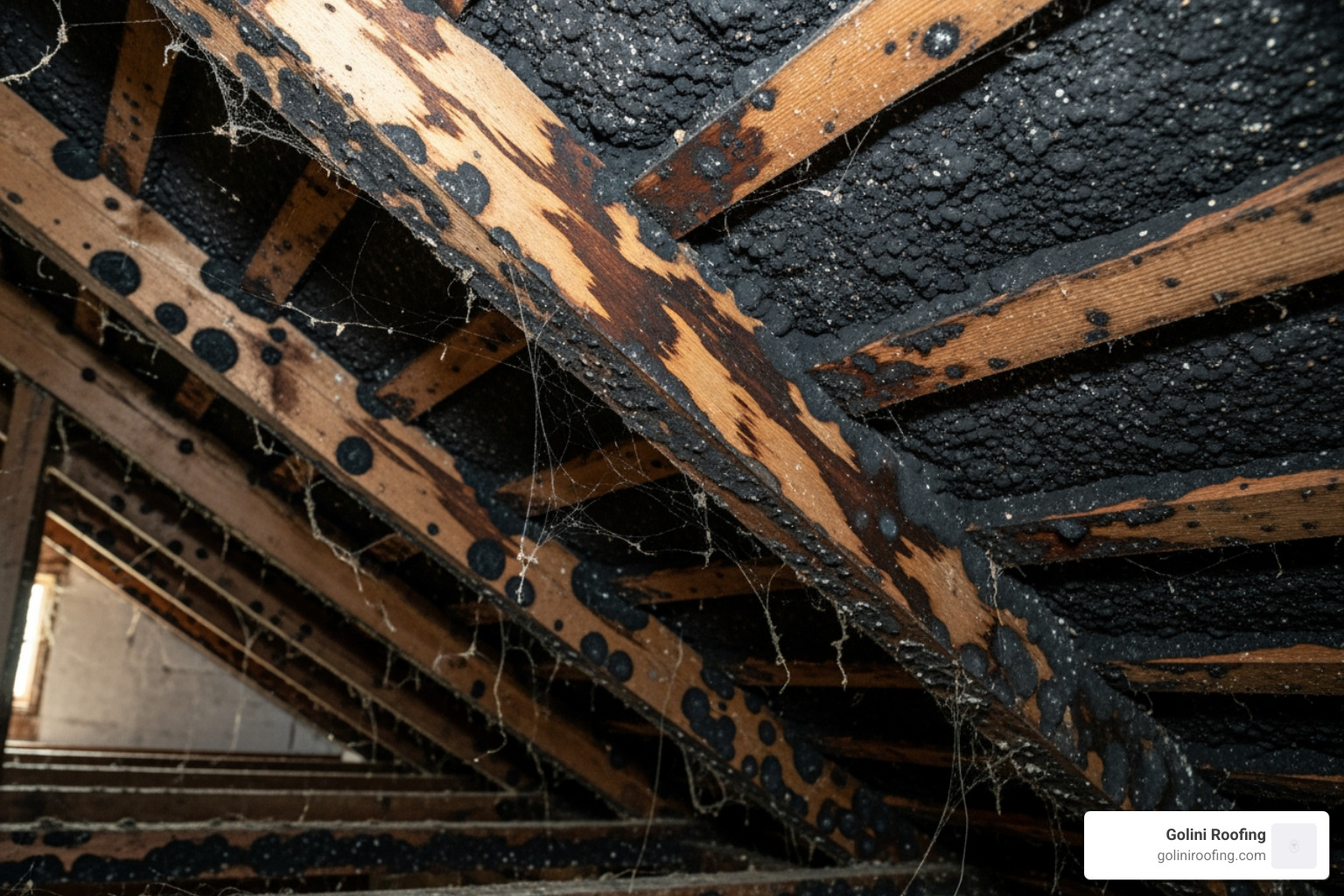 extensive mold growth on attic rafters and sheathing - leaking roof repair near me extensive mold growth on attic rafters and sheathing - leaking roof repair near me
