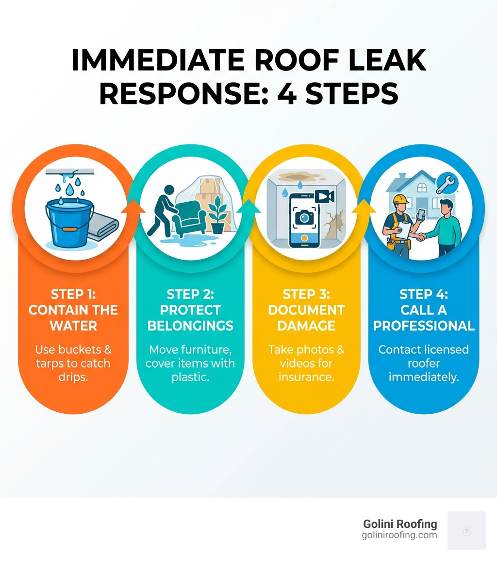 Infographic showing 4 immediate steps when you find a roof leak: Step 1 - Contain the water with buckets and tarps, Step 2 - Protect belongings by moving furniture and covering items with plastic, Step 3 - Document all damage with photos and videos for insurance, Step 4 - Call a licensed roofing professional immediately for inspection and repair - leaking roof repair near me infographic Infographic showing 4 immediate steps when you find a roof leak: Step 1 - Contain the water with buckets and tarps, Step 2 - Protect belongings by moving furniture and covering items with plastic, Step 3 - Document all damage with photos and videos for insurance, Step 4 - Call a licensed roofing professional immediately for inspection and repair - leaking roof repair near me infographic