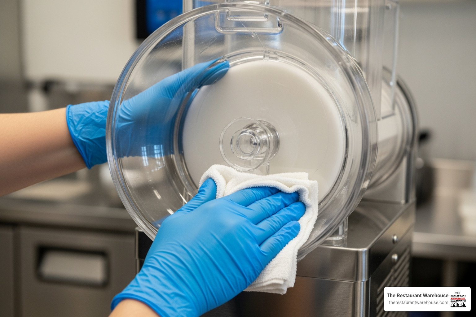 person wearing food-safe gloves wiping the inside of a clean slushie machine bowl with a cloth - slushie machine person wearing food-safe gloves wiping the inside of a clean slushie machine bowl with a cloth - slushie machine