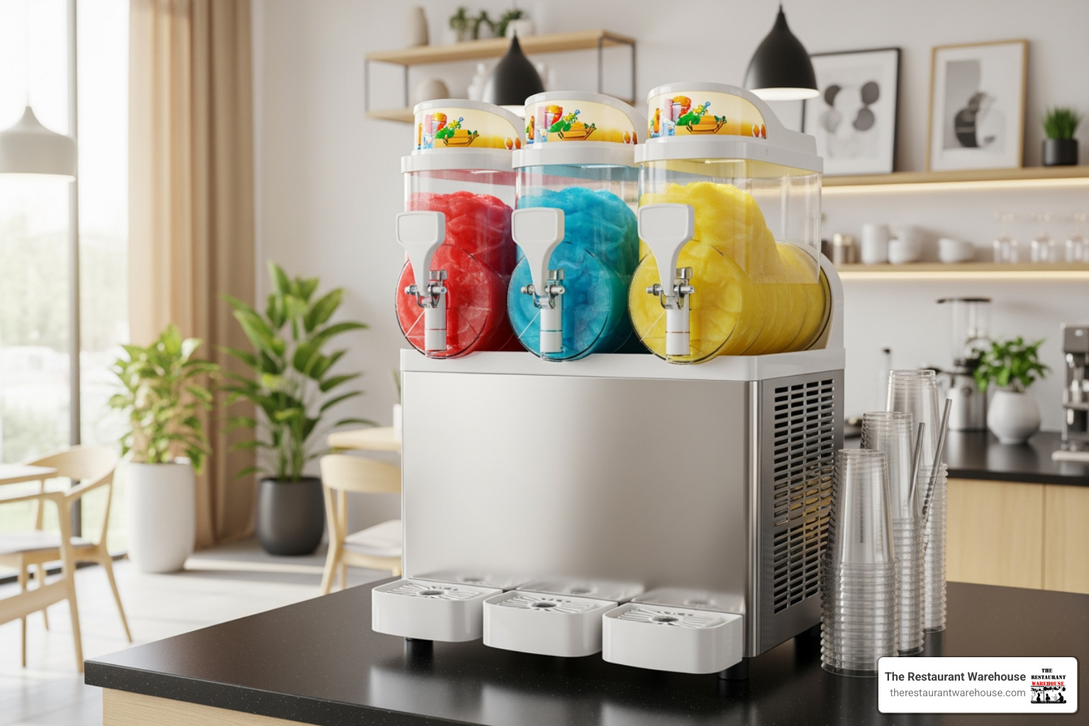 stainless steel, three-bowl commercial slushie machine in a clean, modern cafe setting - slushie machine stainless steel, three-bowl commercial slushie machine in a clean, modern cafe setting - slushie machine
