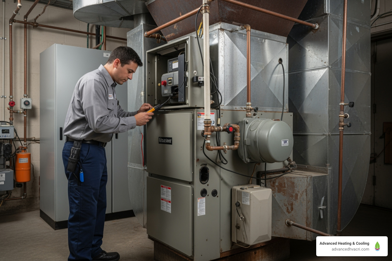technician inspecting aging commercial furnace - commercial furnace replacement Smithfield