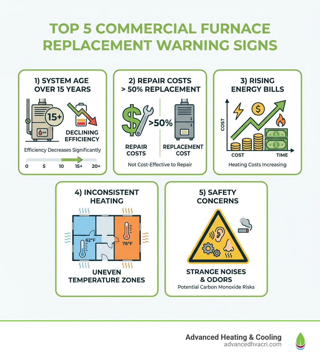 Infographic showing the top 5 warning signs for commercial furnace replacement: 1) System age over 15 years with declining efficiency icon, 2) Repair costs exceeding 50% of replacement cost with dollar sign and wrench, 3) Rising energy bills shown with upward trending graph, 4) Inconsistent heating with temperature zones in different colors, 5) Safety concerns with warning triangle showing strange noises and odors - commercial furnace replacement Smithfield infographic 
