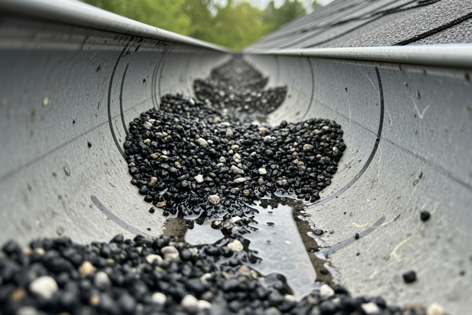 shingle granules collected in a gutter - storm damage roofing shingle granules collected in a gutter - storm damage roofing